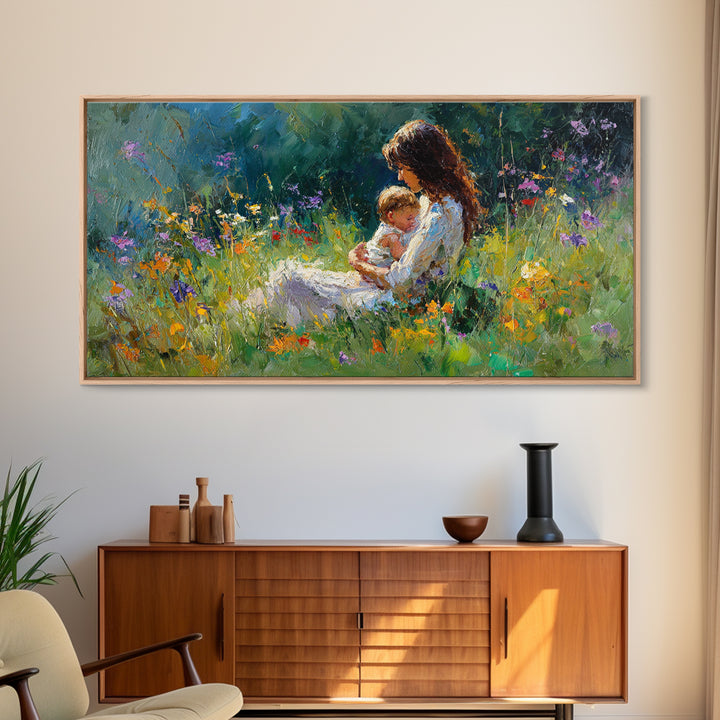 Mother Nursing Baby In Shaded Garden Wildflowers Canvas Print, Impressionist Wall Art For Nursery Decor And Nature Lover Gift