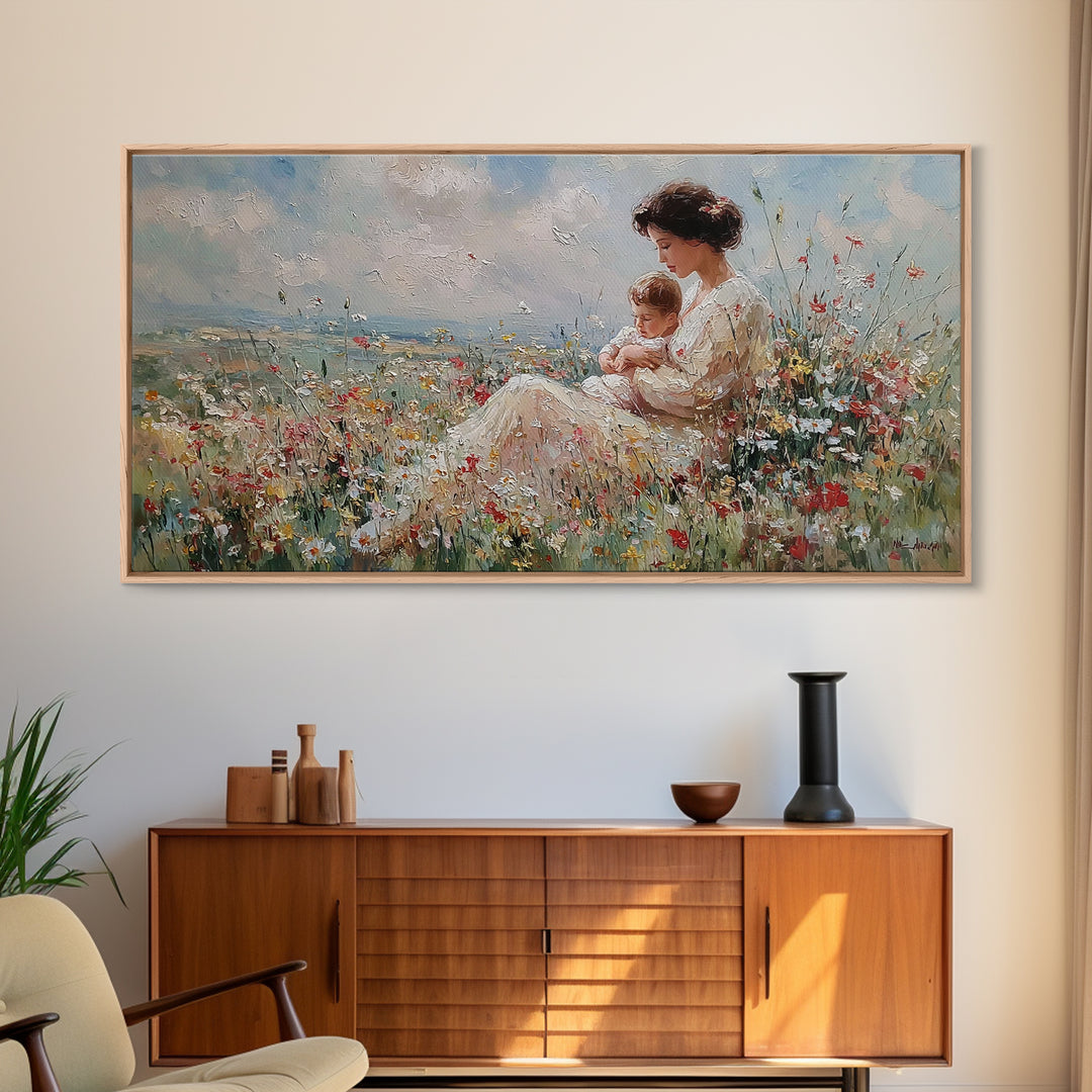 Seated Mother Nursing Baby In Meadow Wildflowers Framed Canvas Print, Impressionist Wall Art For Nursery And Bedroom Decor