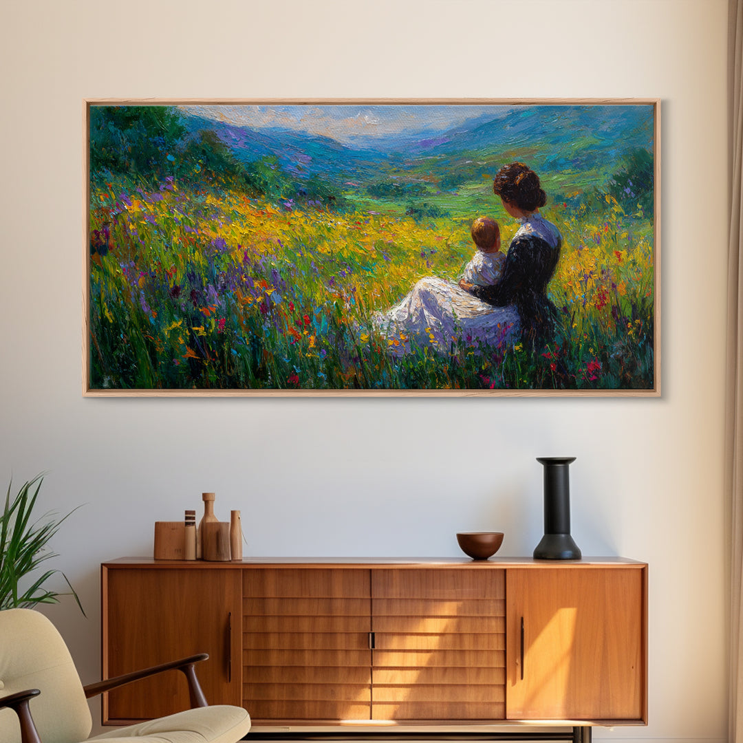 Mother And Child In Wildflower Mountain Meadow Wall Art, Impressionist Landscape, Nursery Decor, Gift For Mom, Living Room Decor