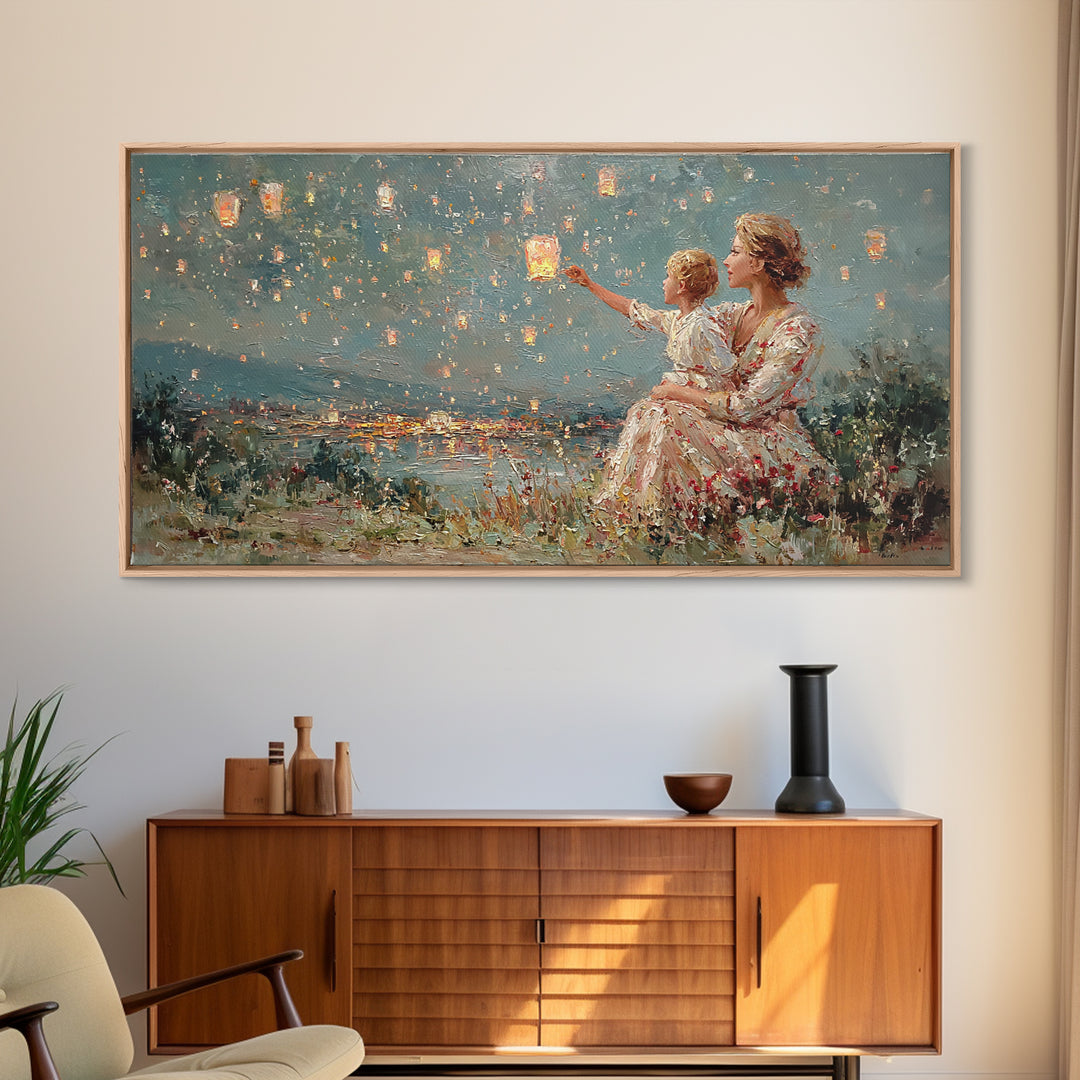 Mother And Child Sky Lanterns Over Lake Wall Art, Dreamy Night Landscape, Romantic Decor, Gift For Mom, Bedroom Wall Art