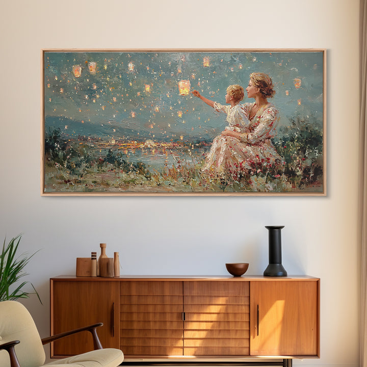 Mother And Child Sky Lanterns Over Lake Wall Art, Dreamy Night Landscape, Romantic Decor, Gift For Mom, Bedroom Wall Art