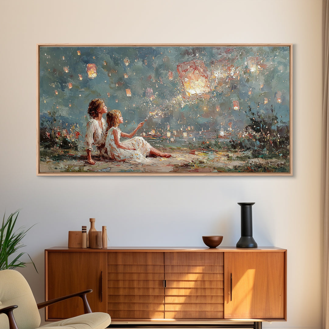 Children Launching Glowing Sky Lanterns Canvas Print, Magical Lake Wall Art, Whimsical Decor, Nursery Art, Gift For Her, Bedroom Decor