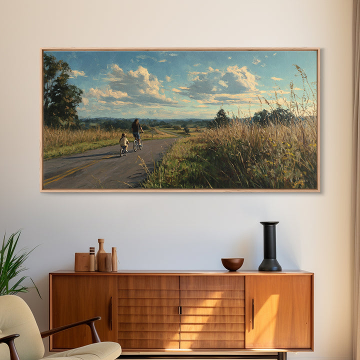 Country Road Bike Ride With Child, Golden Meadow Landscape Wall Art, Family Home Decor, Living Room Art, Housewarming Gift