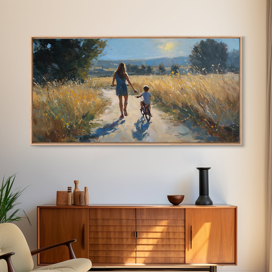 Mother Walking Child With Bicycle Through Golden Fields Canvas Print, Country Landscape Wall Art, Family Living Room Decor