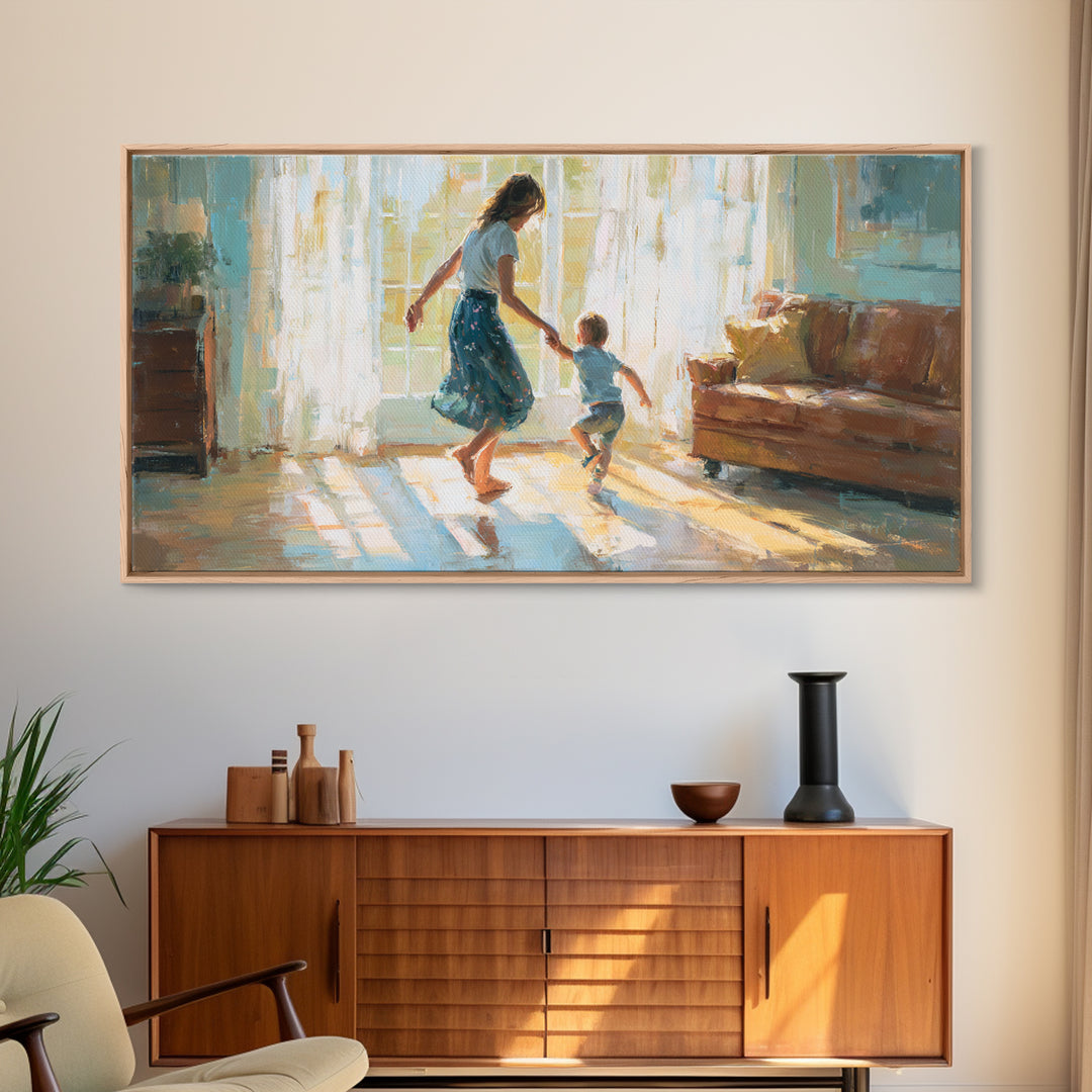 Mother And Toddler Dancing In Sunlit Living Room Canvas Print, Warm Family Wall Art, Cozy Home Decor, Gift For Her, Bedroom Decor