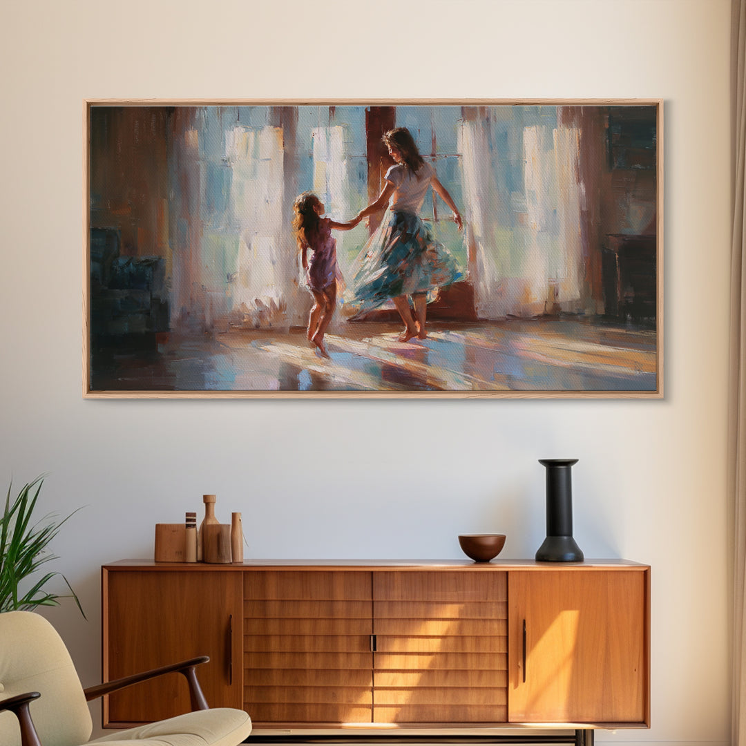 Mother And Daughter Dancing By Bright Windows Framed Canvas Print, Sunlit Family Wall Art, Feminine Home Decor Gift, Living Room Decor
