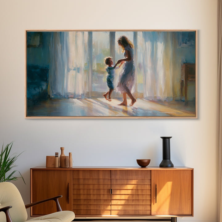 Mother And Child Dancing In Window Light Wall Art, Impressionist Family Painting, Cozy Bedroom Decor, Gift For Her, Living Room Art