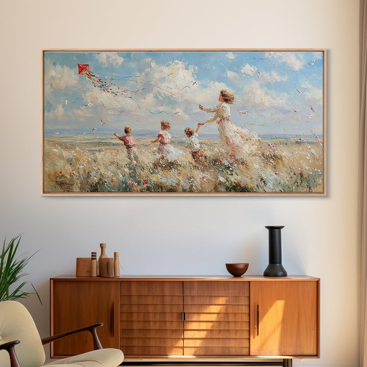 Mother And Children Flying Kite Canvas Print, Coastal Meadow Wall Art, Impressionist Family Decor, Beach House Gift For Mom