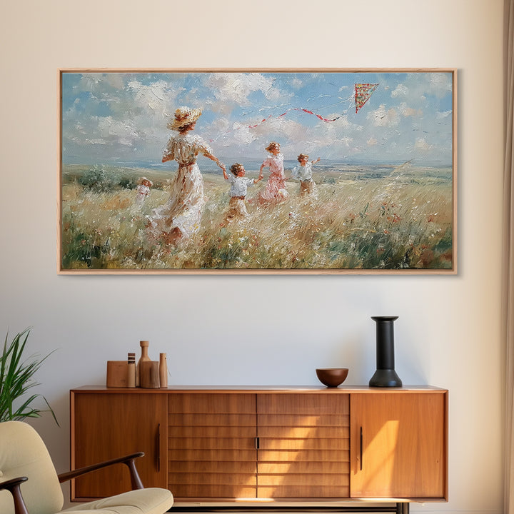 Woman And Children Run With Kite Canvas Print, Windy Meadow Wall Art, Coastal Landscape Art, Nursery Decor, Gift For Mom