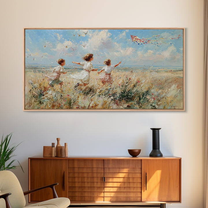 Children Running Through Meadow Canvas Print, Kite Flying Wall Art, Impressionist Landscape, Playroom Decor, Gift For Her