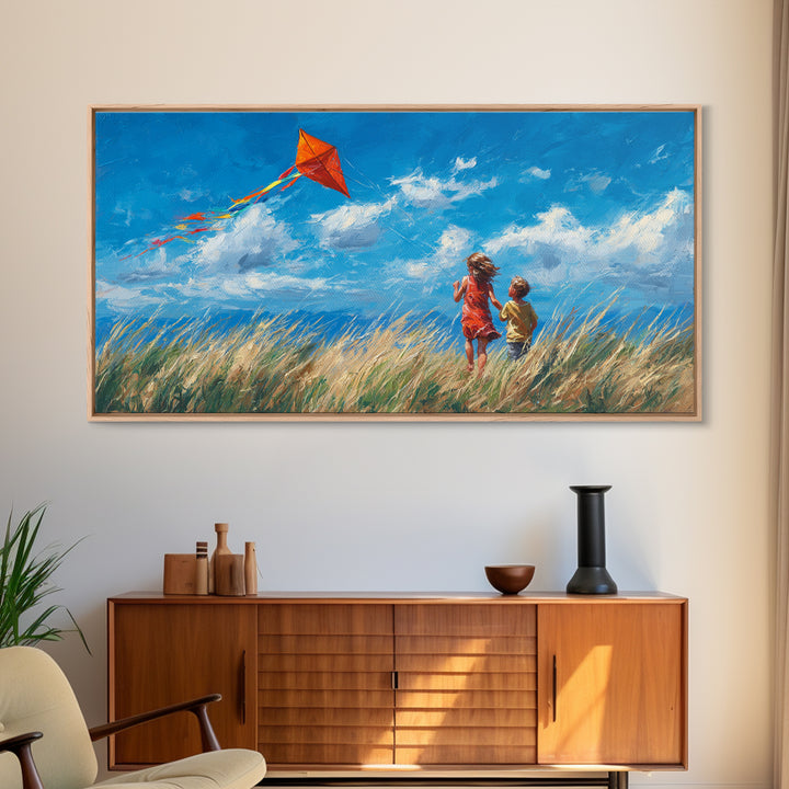 Two Children Flying Red Kite Canvas Print, Bright Blue Sky Wall Art, Summer Meadow Decor, Kids Room Art, Gift For Mom, Home Decor