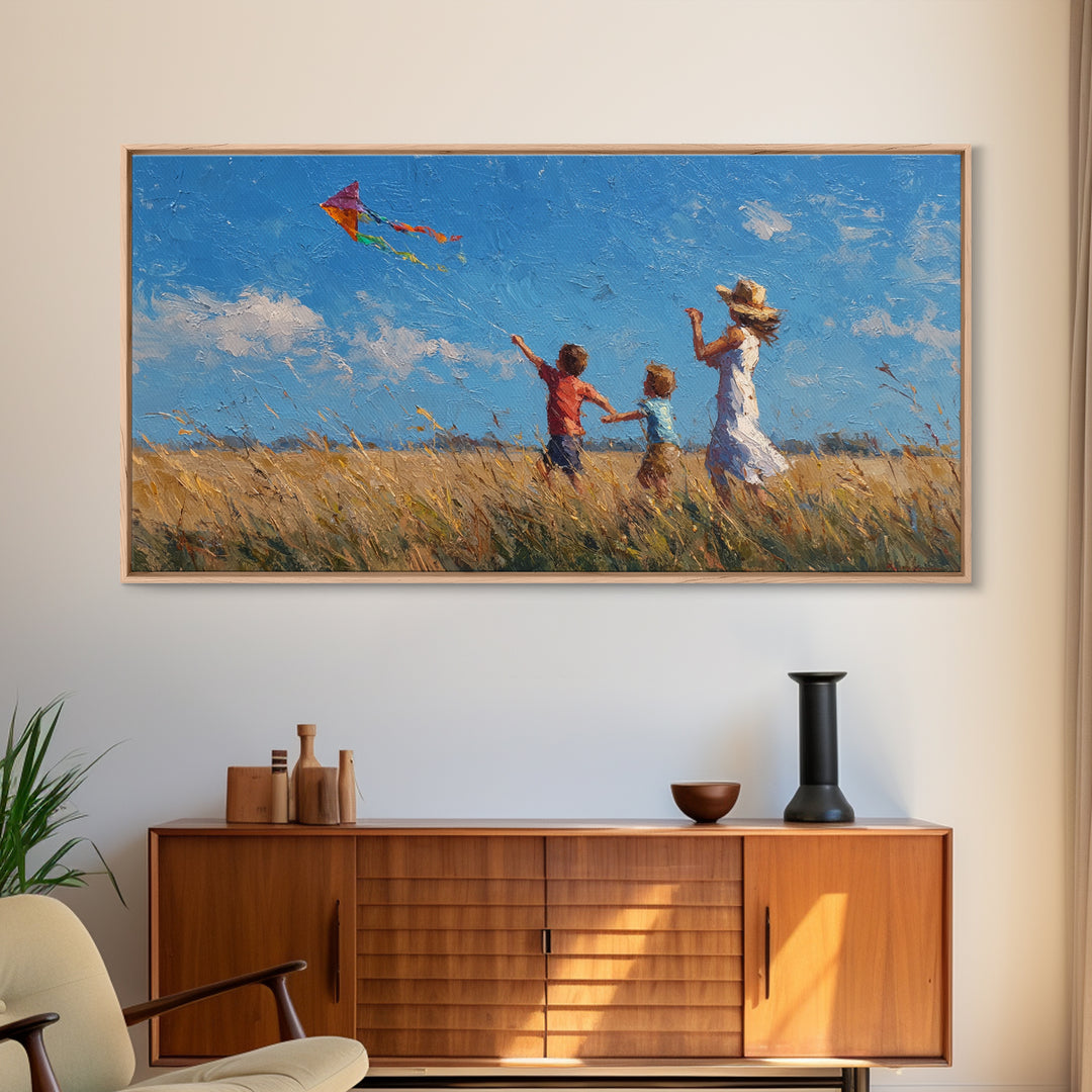 Mother And Sons Flying Kite Canvas Print, Sunny Grassland Wall Art, Family Home Decor, Nursery Art, Housewarming Gift For Mom