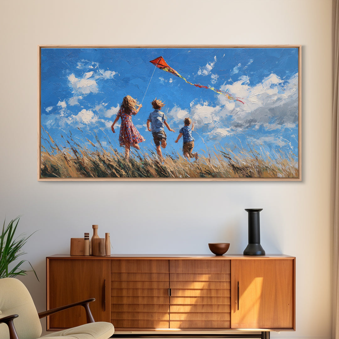 Three Children Chase Red Kite Canvas Print, Breezy Summer Field Wall Art, Kids Room Decor, Coastal Landscape Gift For Her