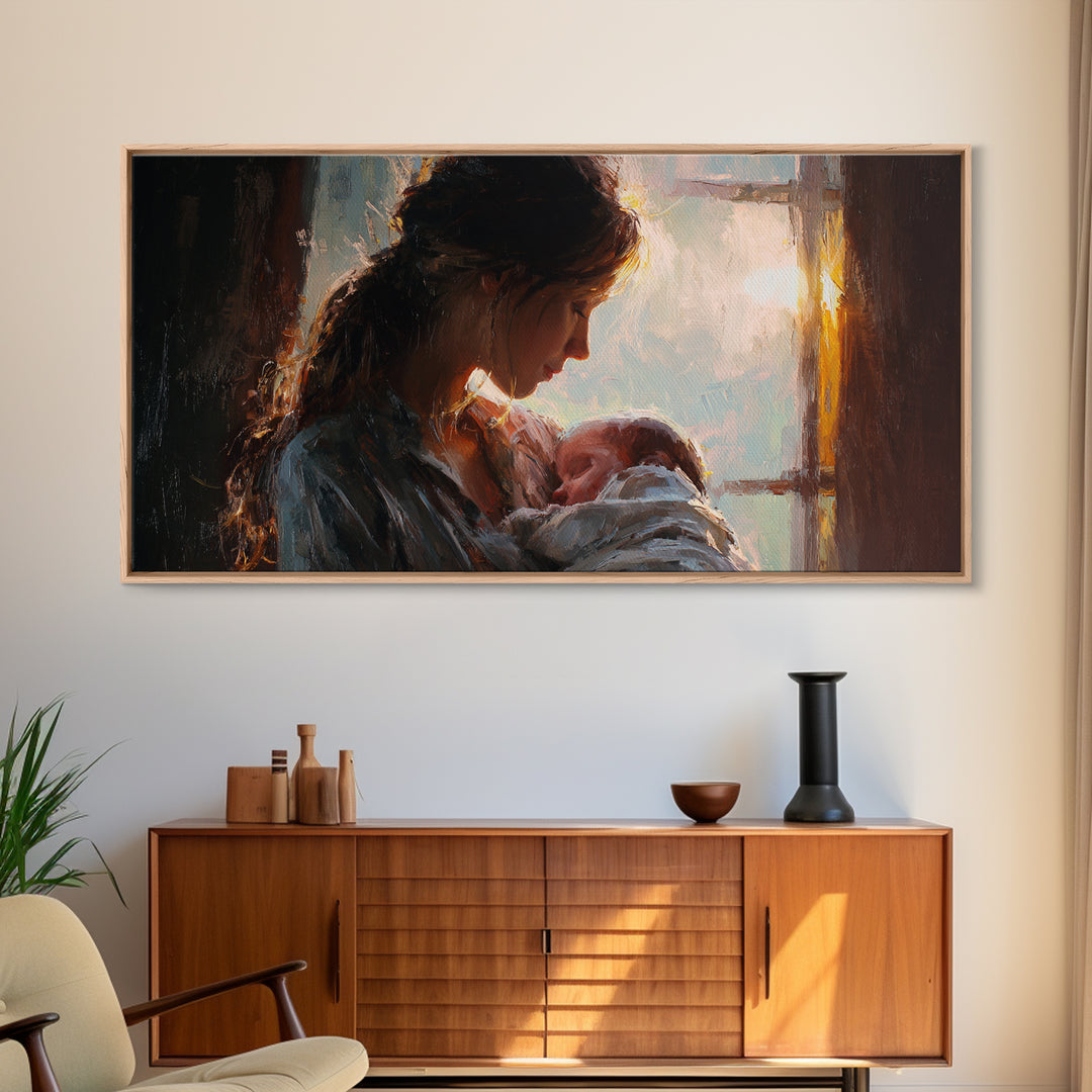 Mother Nursing Baby By Window Canvas Print, Warm Newborn Wall Art, Moody Nursery Decor, Gift For Her, Bedroom Wall Decor