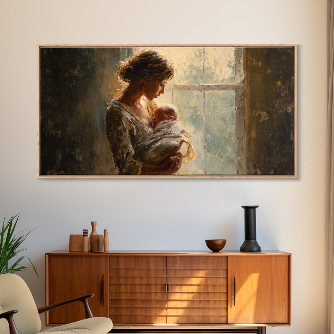 Mother Holding Newborn By Window Canvas Print, Tender Nursery Wall Art, Warm Bedroom Decor, Baby Shower Gift For Mom, Home Decor