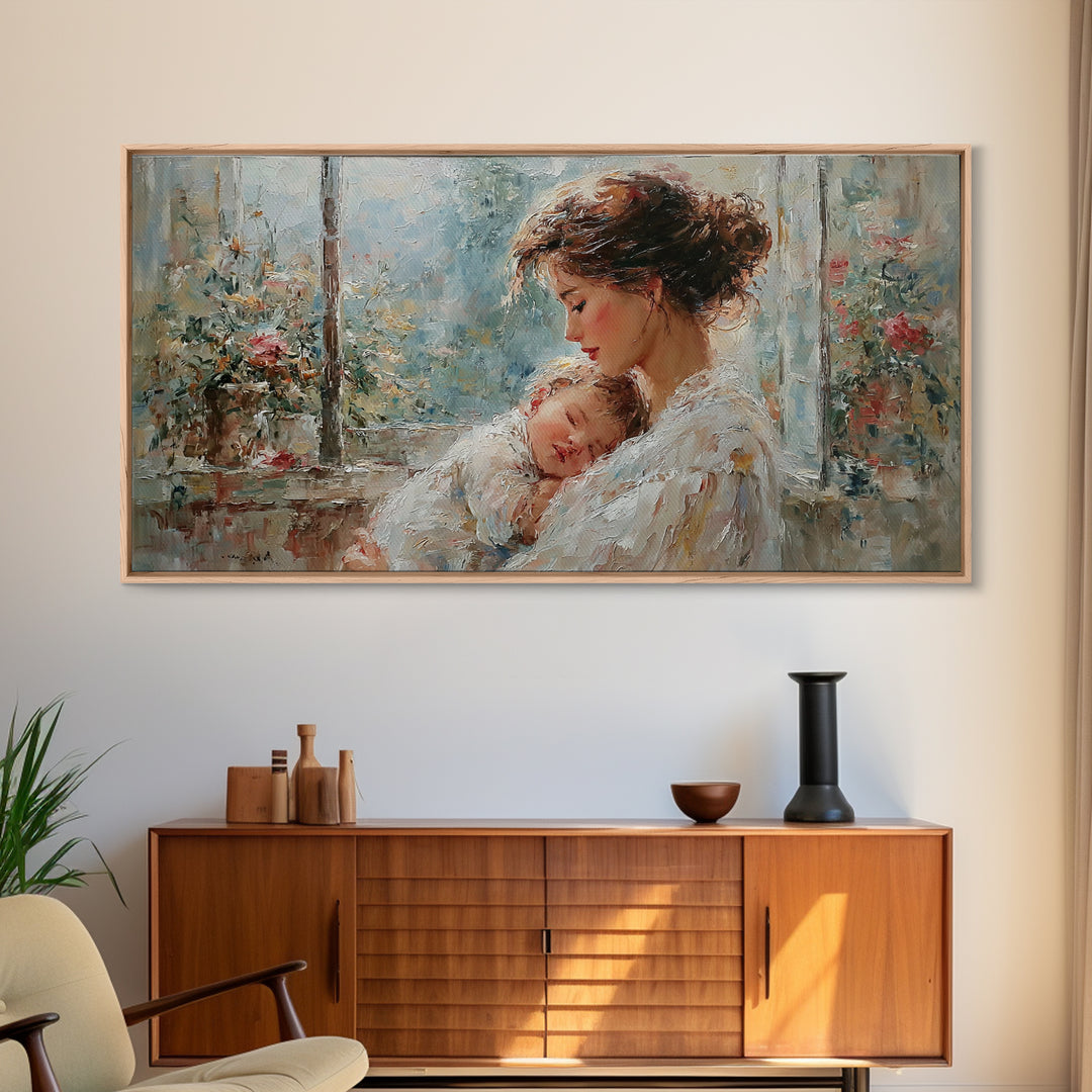 Tender Mother And Baby By Rainy Window Canvas Print, Impressionist Nursery Wall Art, Floral Bedroom Decor, New Mom Gift, Home Decor