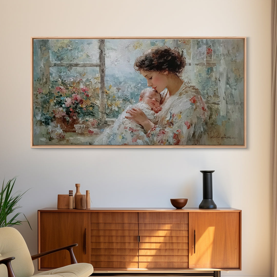 Mother Kissing Newborn By Garden Window Framed Canvas Print, Impressionist Nursery Wall Art, Floral Home Decor Gift For Her