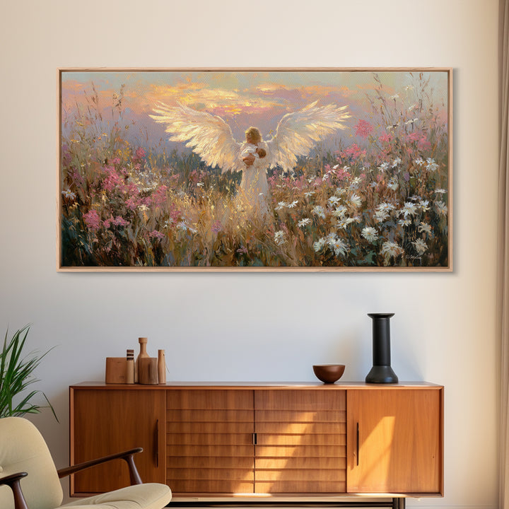 Glowing Guardian Angel Holding Baby At Sunset Canvas Print, Spiritual Wall Art, Wildflower Meadow Decor, Christian Gift Idea