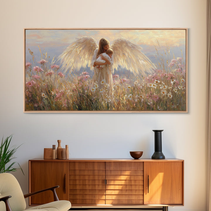 Radiant Angel Cradling Infant In Wildflower Field Canvas Print, Christian Wall Art, Spiritual Nursery Decor, Baby Shower Gift