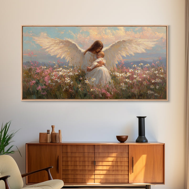 Angel Mother Nursing Baby Among Wildflowers Framed Canvas Print, Spiritual Wall Art, Christian Nursery Decor, Gift For Mom