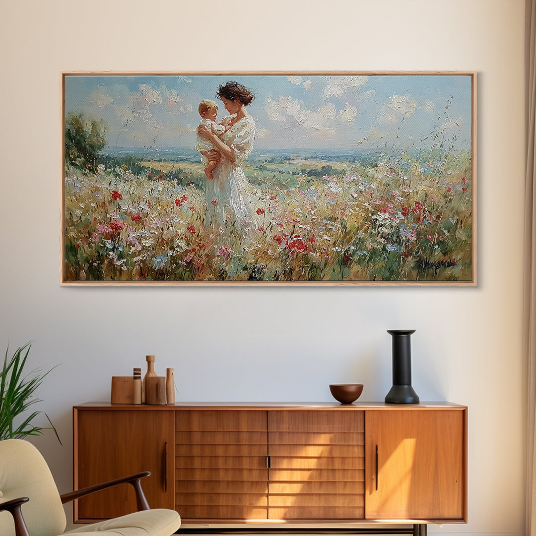 Mother And Toddler In Blooming Meadow Canvas Print, Impressionist Wall Art, Floral Nursery Decor, Living Room Wall Art Print