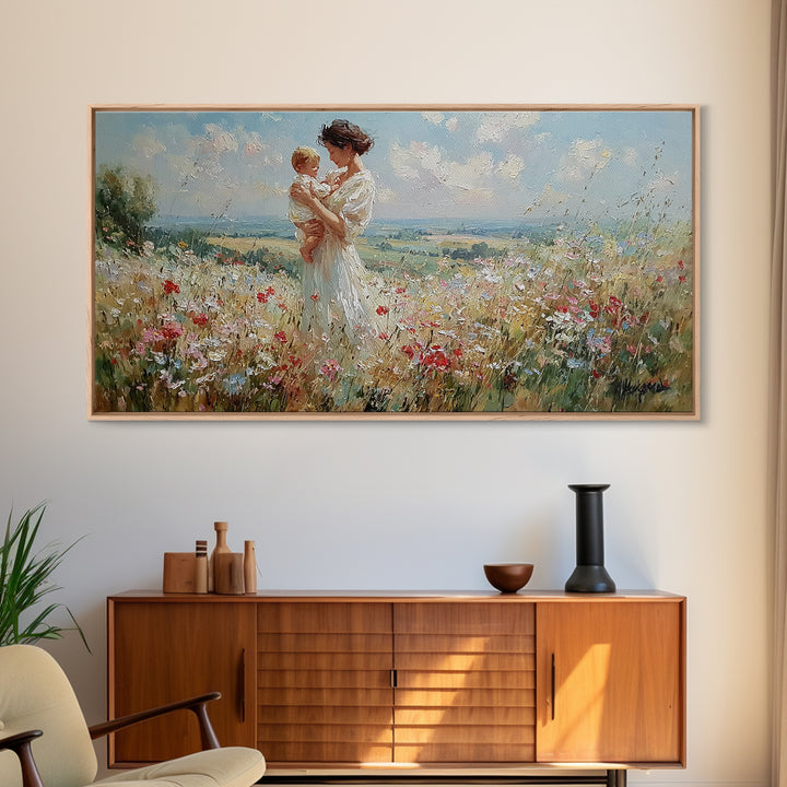 Mother And Toddler In Blooming Meadow Canvas Print, Impressionist Wall Art, Floral Nursery Decor, Living Room Wall Art Print