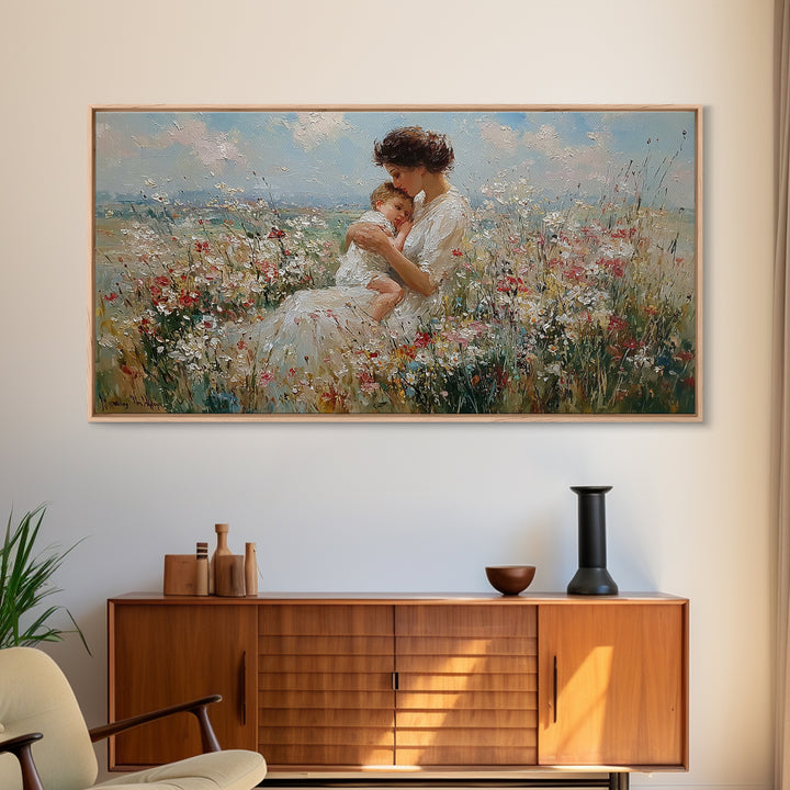Seated Mother Holding Sleeping Child In Flower Field Canvas Print, Impressionist Wall Art, Nursery Decor, Housewarming Gift