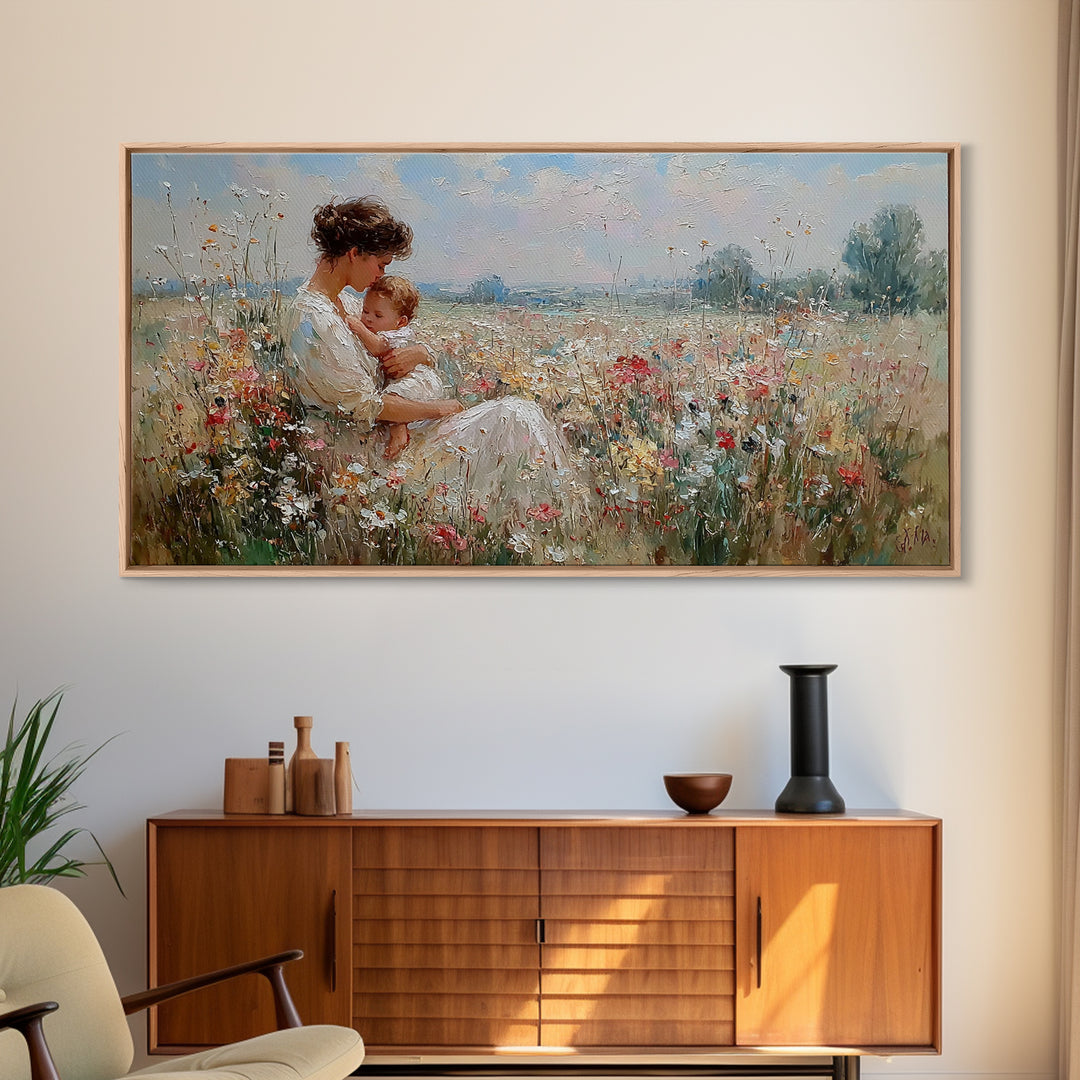 Mother And Baby Resting In Wildflower Meadow Framed Canvas Print, Impressionist Wall Art, Floral Nursery Decor, Gift For Her
