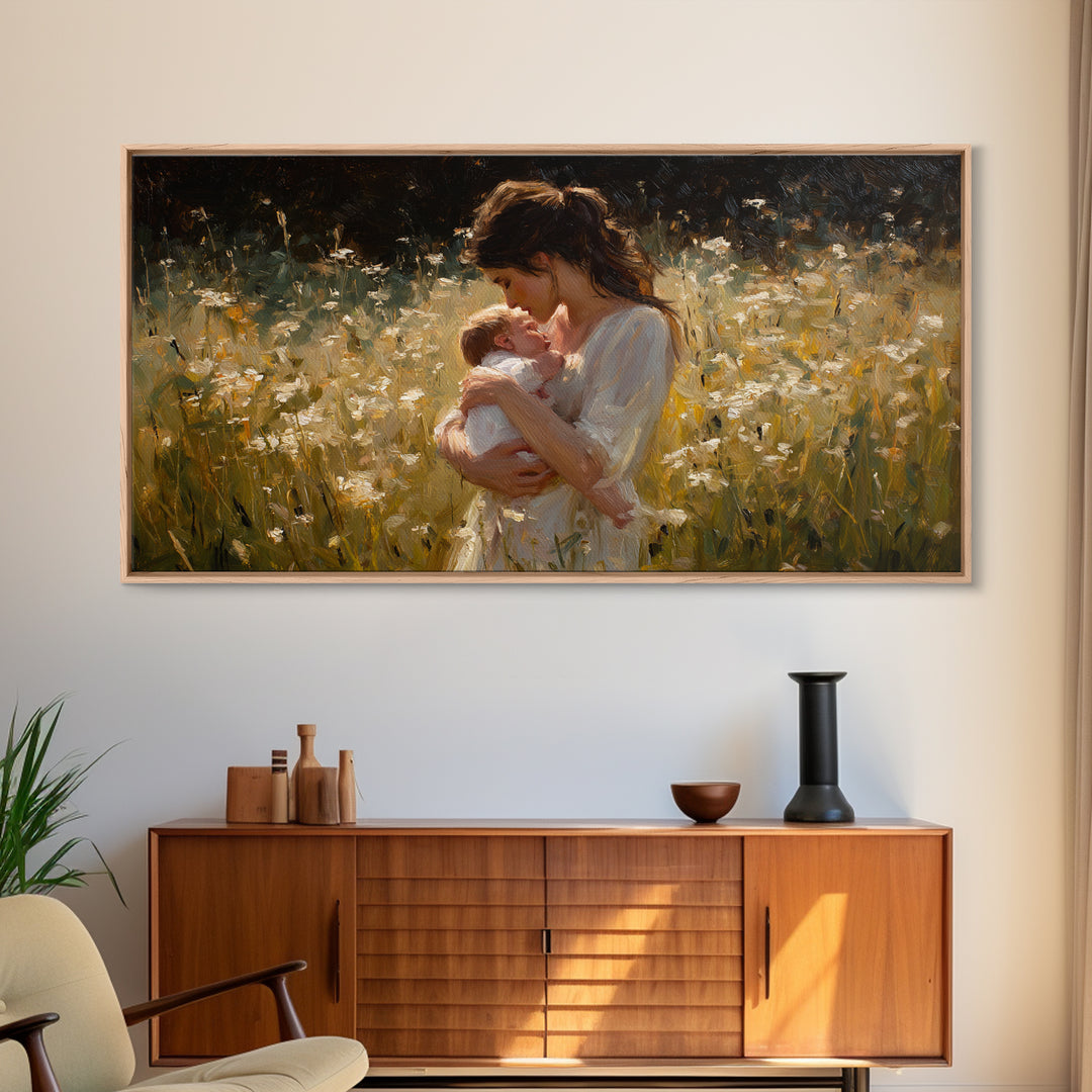 Tender Mother And Baby In White Wildflower Meadow Canvas Print, Impressionist Nursery Wall Art, Gift For Mom, Bedroom Decor