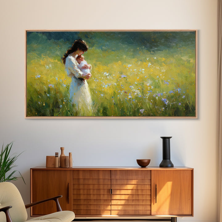 Mother Holding Newborn In Sunny Wildflower Field Framed Canvas Print, Impressionist Wall Art, Nursery Decor, Gift For Mom