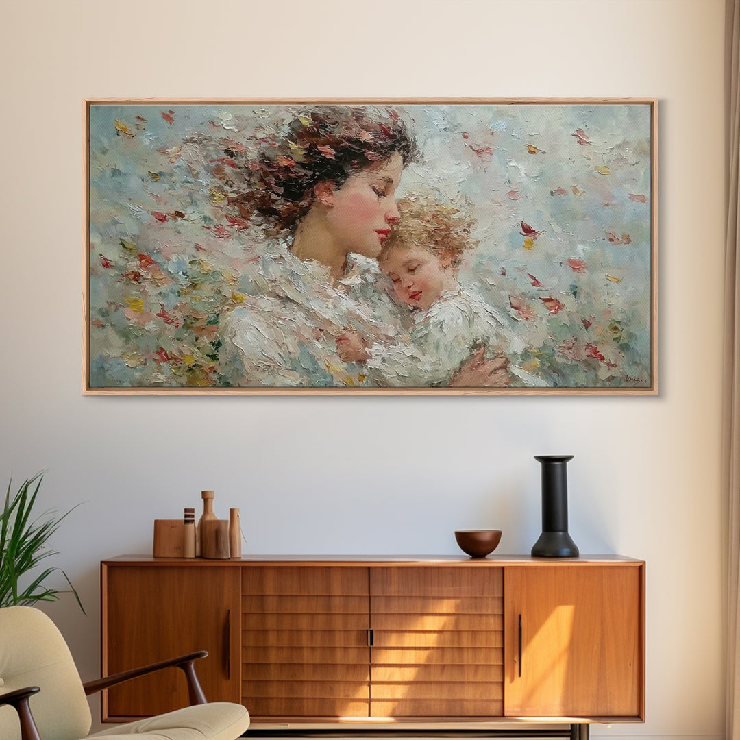 Windblown Mother And Sleeping Child With Petals Canvas Print, Feminine Wall Art, Impressionist Nursery Decor, Gift For Her