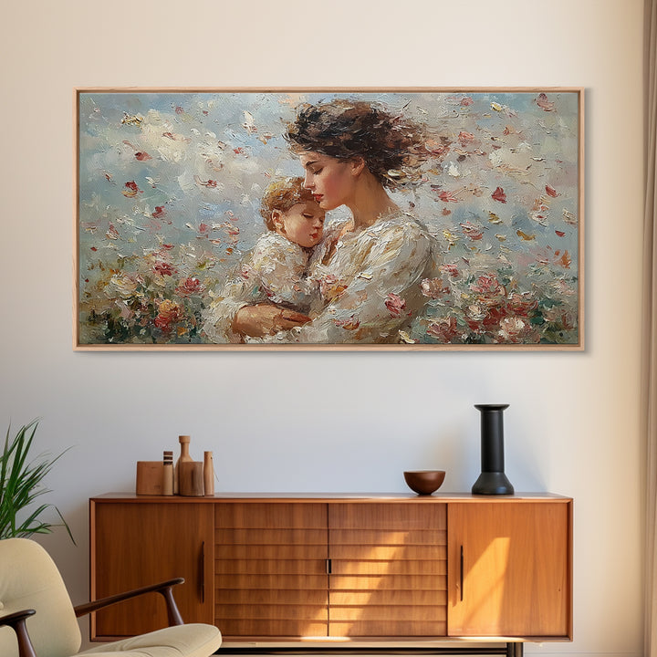 Mother Embracing Child In Blossoming Garden Wall Art, Impressionist Framed Canvas Print, Romantic Floral Decor, Gift For Mom
