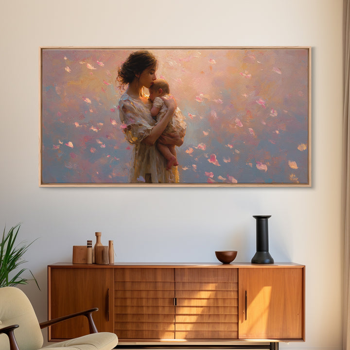 Soft Pink Mother And Baby At Sunset Canvas Print, Romantic Nursery Wall Art, Feminine Bedroom Decor, Beautiful Gift For New Mom
