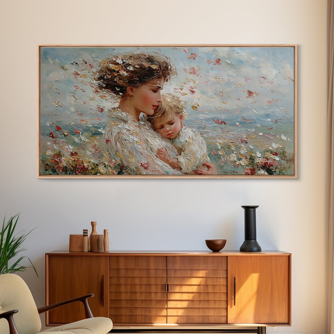Windy Meadow Mother And Child With Falling Petals Wall Art, Impressionist Canvas Print, Floral Nursery Decor, Gift For Mom