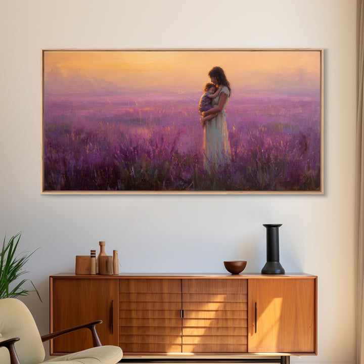 Mother And Child In Lavender Field At Sunset Canvas Print, Purple Landscape Wall Art, Romantic Bedroom Decor, Gift For Mom