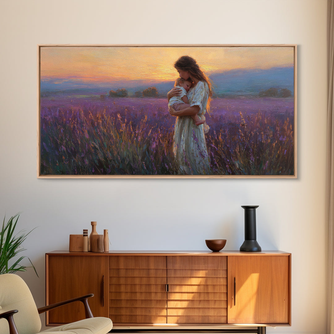 Mother Cradling Child In Lavender Sunset Field Canvas Print, Romantic Wall Art, Impressionist Bedroom Decor, Gift For Her
