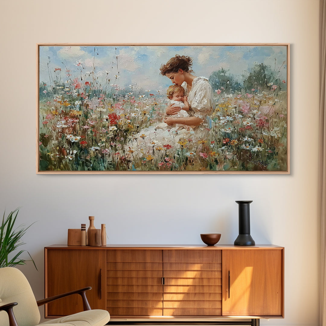 Mother And Baby In Wildflower Meadow Canvas Print, Impressionist Floral Nursery Wall Art, Gift For Mom, Motherhood Decor