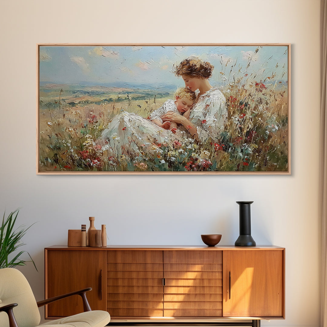 Nursing Mother And Baby In Summer Meadow Framed Canvas Print, Impressionist Floral Wall Art, Motherhood Gift, Nursery Decor