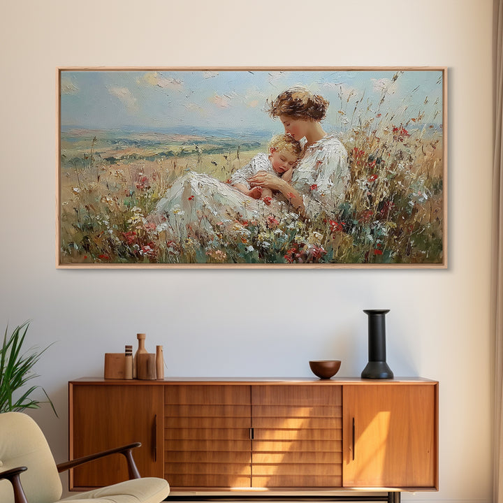 Nursing Mother And Baby In Summer Meadow Framed Canvas Print, Impressionist Floral Wall Art, Motherhood Gift, Nursery Decor