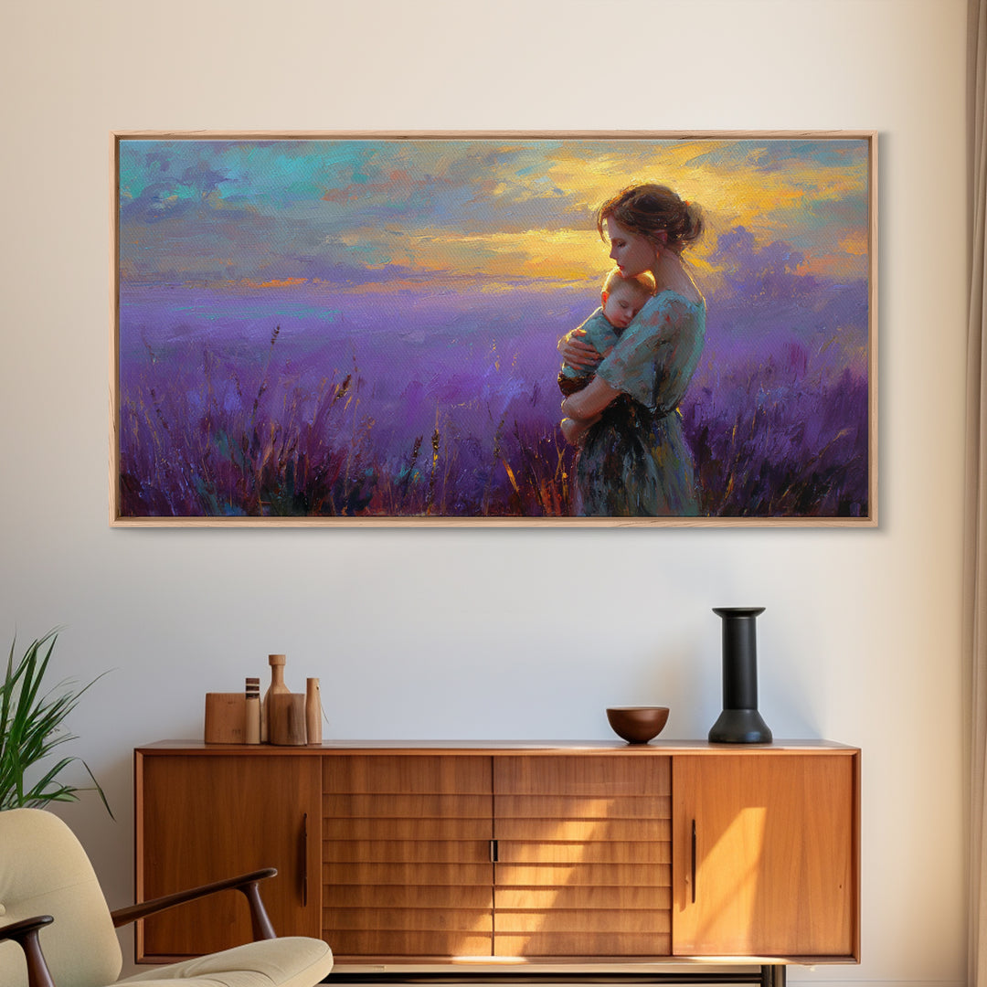 Mother Holding Baby In Lavender Sunset Canvas Print, Purple Field Wall Art, Motherhood Gift, Calming Nursery Bedroom Decor