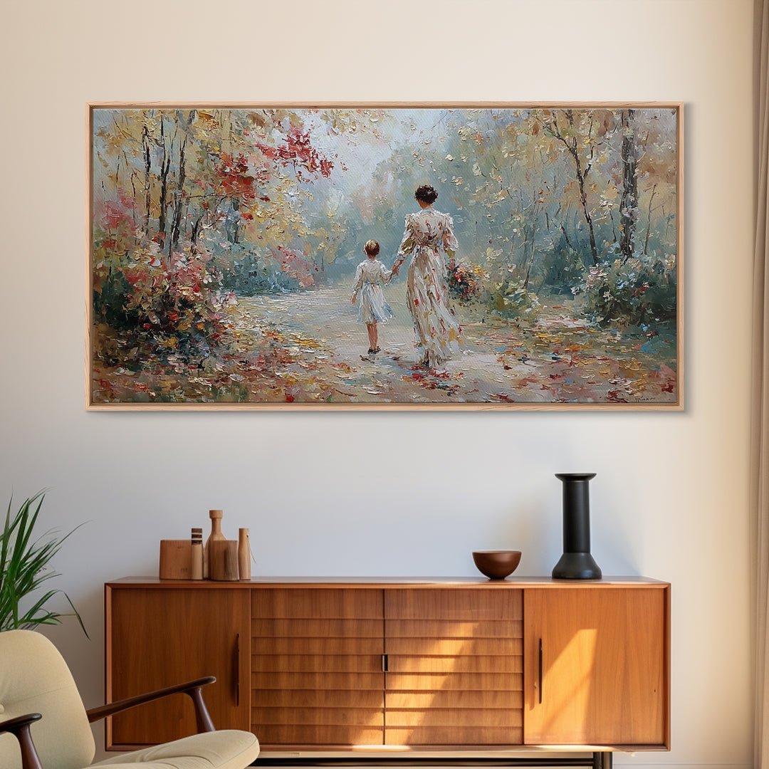 Mother And Child Walking Floral Woodland Path Wall Art, Impressionist Autumn Canvas Print, Family Gift, Living Room Decor