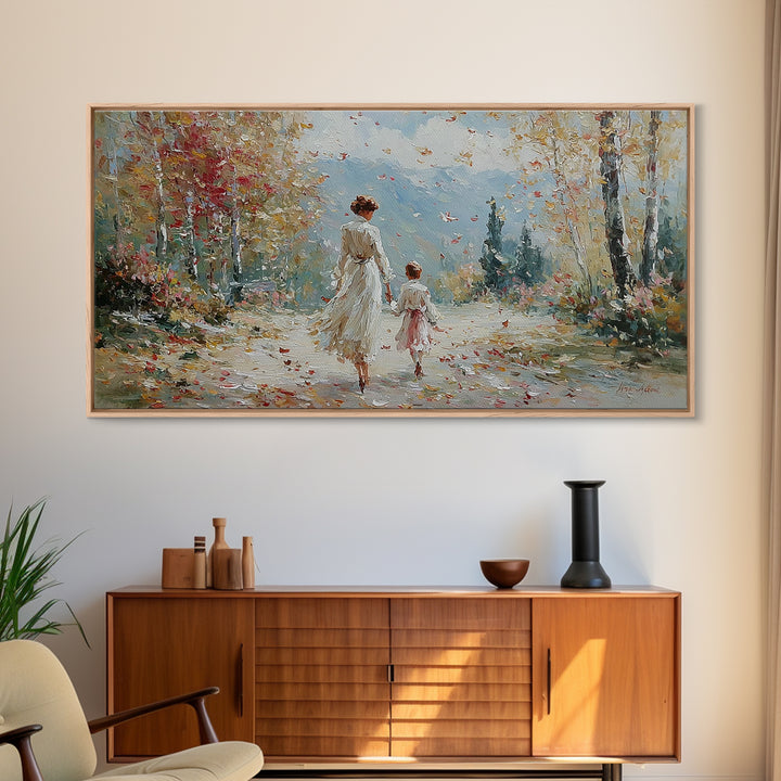 Mother And Child On Blossom Mountain Path Canvas Print, Impressionist Landscape Wall Art, Neutral Nursery Living Room Decor