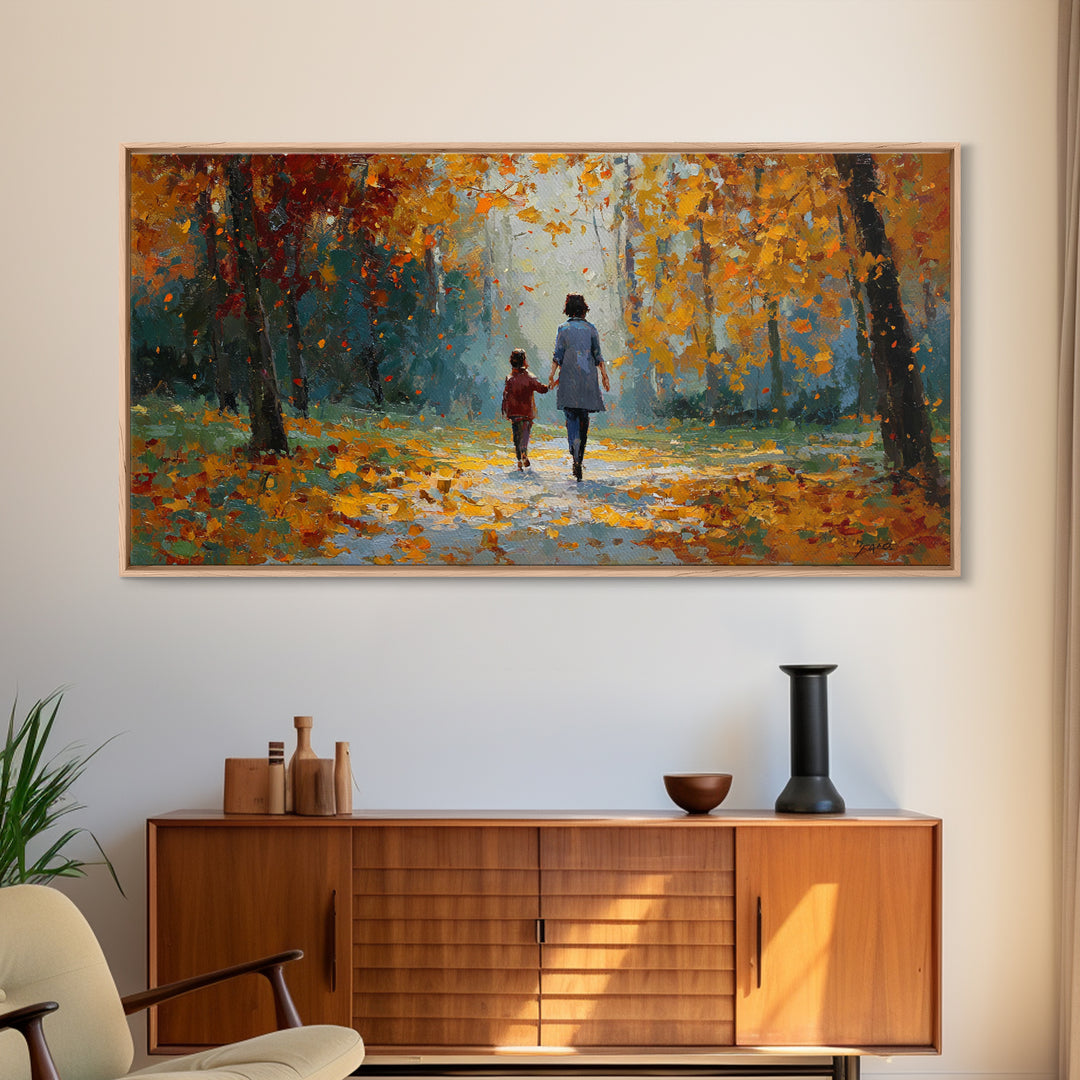 Mother And Child In Golden Autumn Park Framed Canvas Print, Fall Landscape Wall Art, Family Gift, Cozy Living Room Home Decor