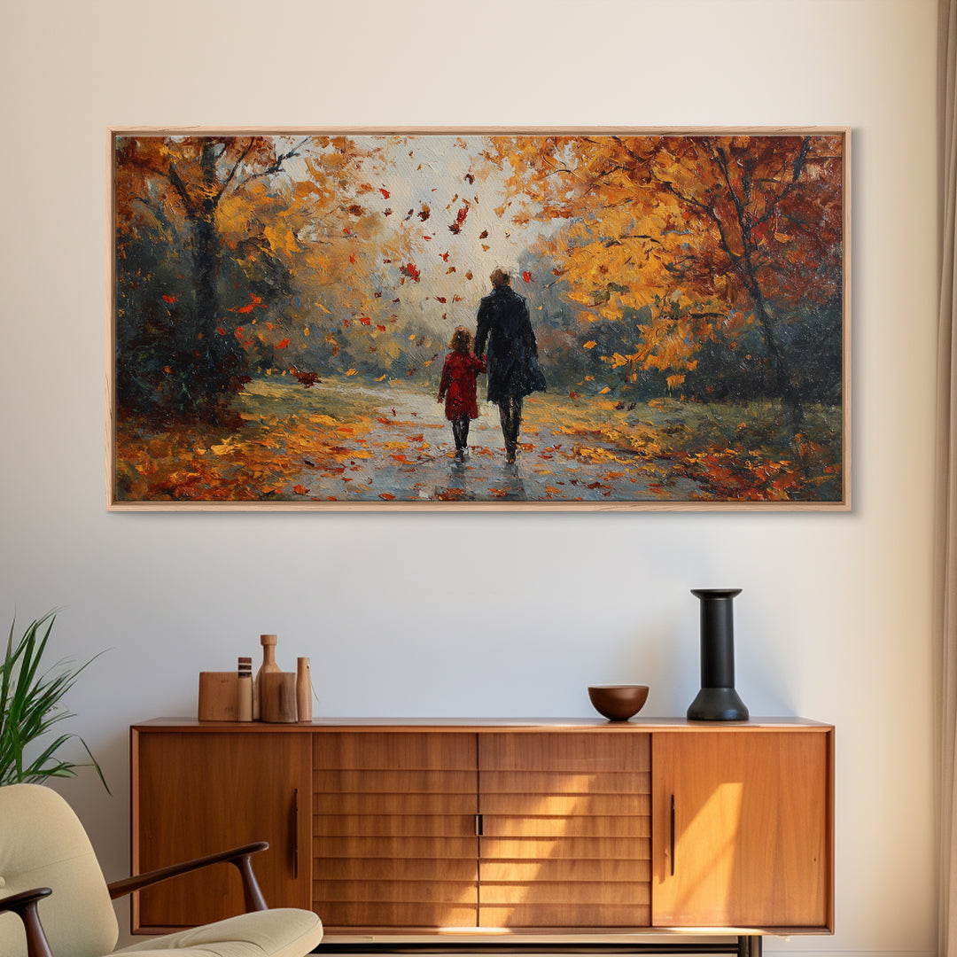 Father And Child In Orange Autumn Forest Wall Art, Impressionist Fall Canvas Print, Family Gift, Cozy Living Room Home Decor