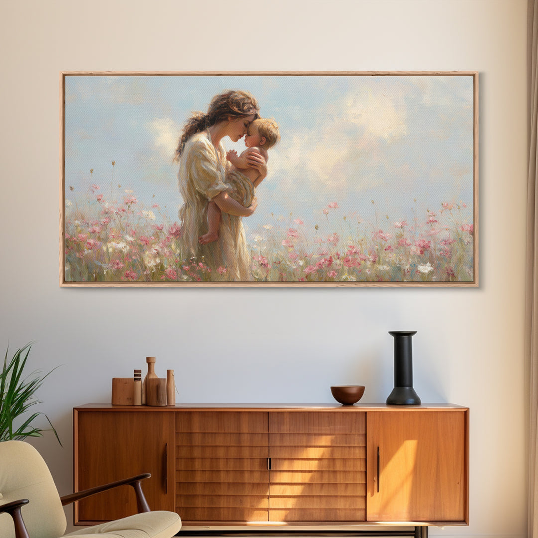 Mother Kissing Baby In Pastel Wildflower Meadow Canvas Print, Impressionist Nursery Wall Art, Motherhood Gift, Bedroom Decor