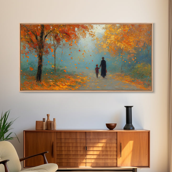 Father And Child Walking Orange Autumn Path Framed Canvas Print, Fall Forest Wall Art, Family Gift, Cozy Living Room Decor