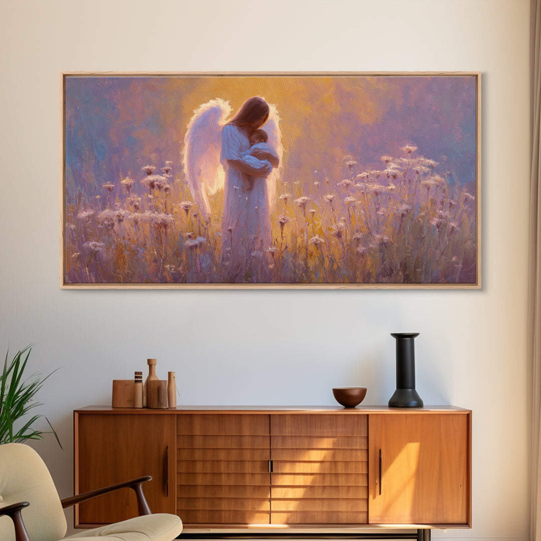Guardian Angel Holding Baby In Glowing Meadow Canvas Print, Spiritual Nursery Wall Art, Motherhood Gift, Christian Decor