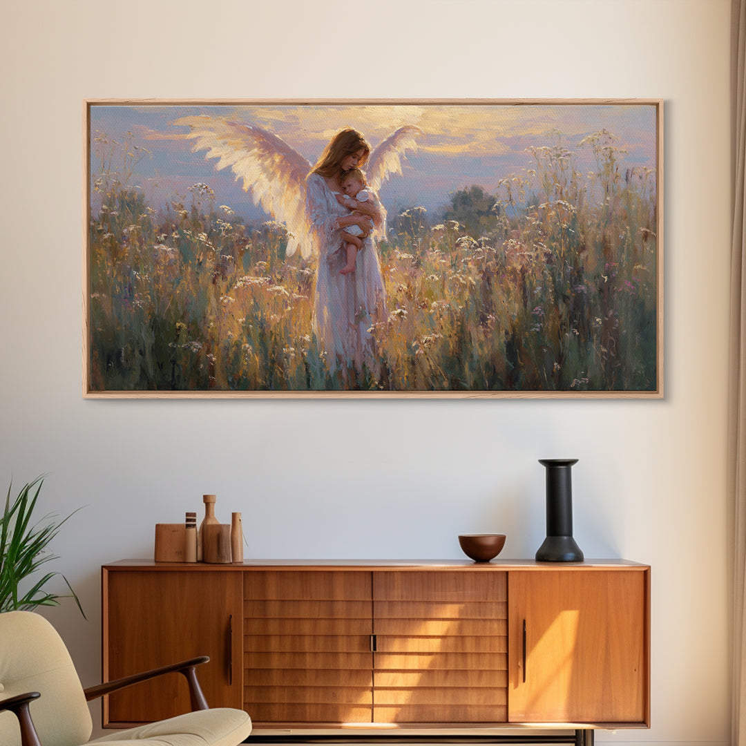 Guardian Angel Mother And Baby In Golden Wildflower Meadow Wall Art, Christian Nursery Decor, Motherhood Gift, Fine Art Print