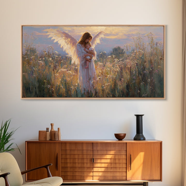 Guardian Angel Mother And Baby In Golden Wildflower Meadow Wall Art, Christian Nursery Decor, Motherhood Gift, Fine Art Print