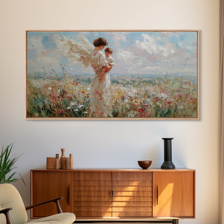 Angel Mother Holding Baby In Breezy Flower Field Canvas Print, Christian Wall Decor, Nursery Art, Mothers Day Gift For Her